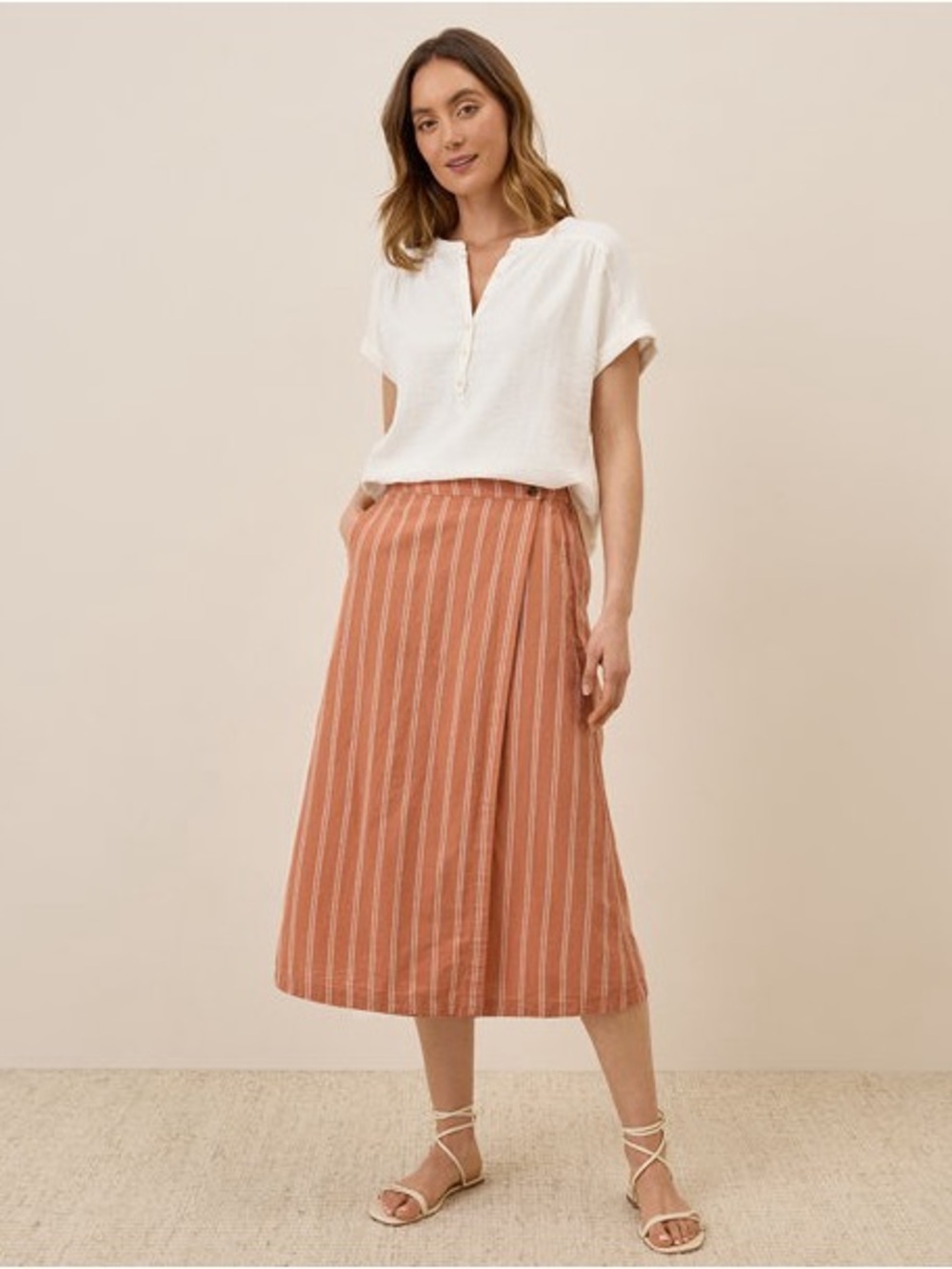 Pact Rust Orange Striped Midi Skirt Organic - Size M